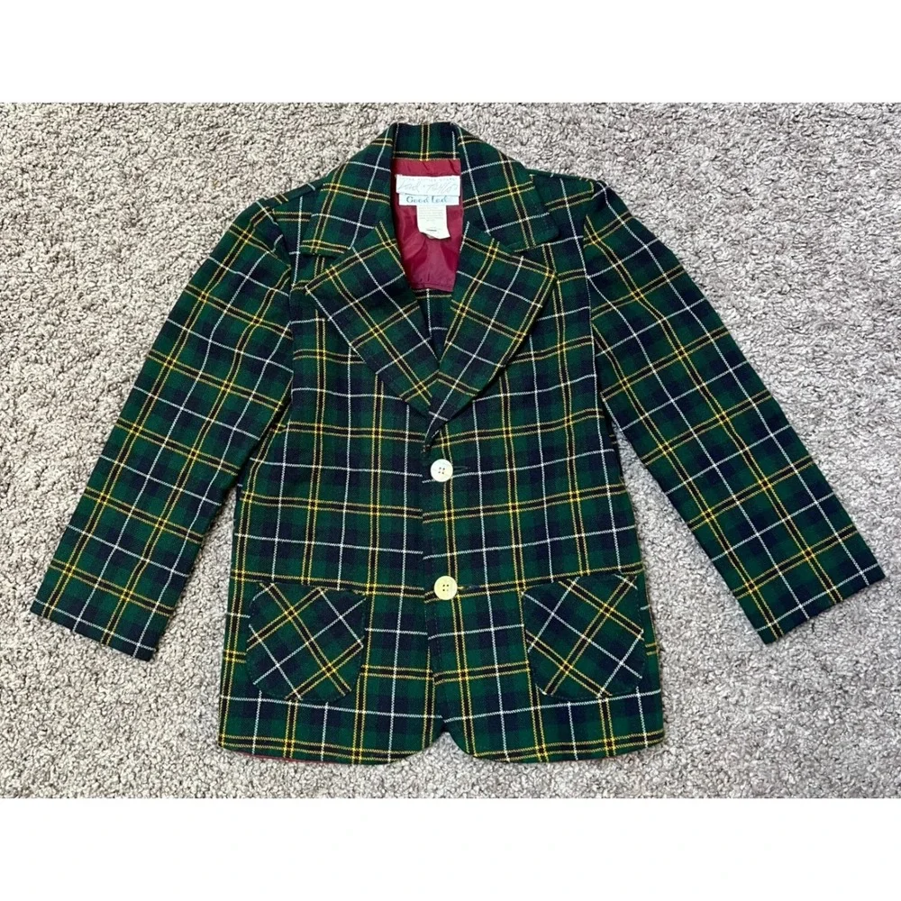 Vintage Good Lad Lord & Taylor Tartan Plaid Blazer Jacket Green Kid's Youth Sz 7